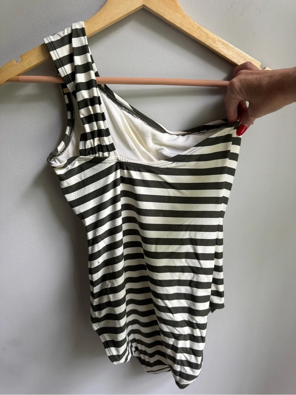 Michael Kors Olive Green & White Striped One-Shoulder One-Piece Swim